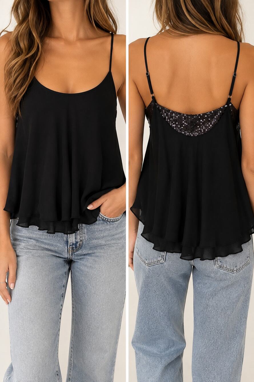 Free People Intimately Black Sequin Chiffon Cami Tank Top Size L NWT